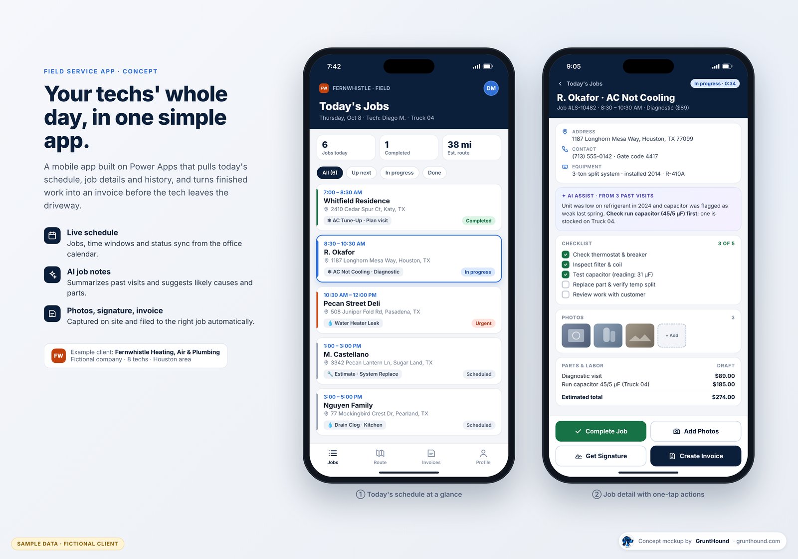 Concept mockup of a field service mobile app for a fictional HVAC and plumbing company: the first screen shows today&rsquo;s job list with times, addresses, and status tags; the second shows a job detail screen with a checklist, photos, parts and labor, and buttons to complete the job, get a signature, and create an invoice.